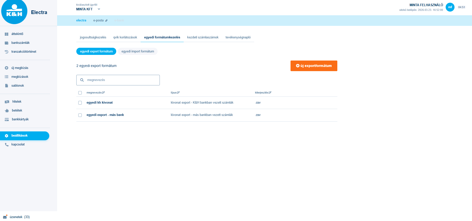 K&H web Electra egyedi formátumkezelés minta
