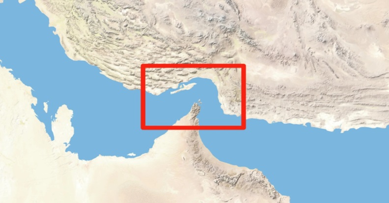 Térkép, melyen vörös keret jelöli a Hormuzi szoros térségét.