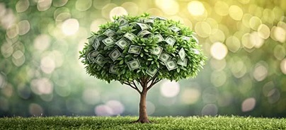 Zöld lombú fa, amelynek levelei helyett papírpénzek láthatók, elmosódott napsütéses háttérrel.