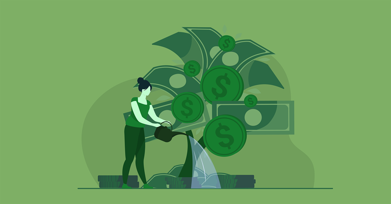Illusztráció, amelyen egy személy pénzérméket és bankjegyeket növesztő növényt locsol.