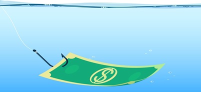 Horogra akadt bankjegy lebeg a víz alatt, a pénzügyi csapdák vagy megtévesztések szimbólumaként.