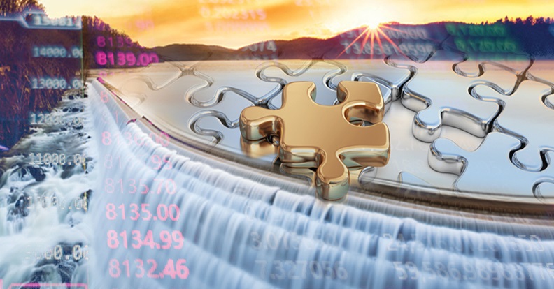 Arany színű kirakós darab egy vízesés és naplemente előtt, pénzügyi adatokat ábrázoló áttűnéssel, a befektetések összefüggéseinek szimbolikus megjelenítéseként.