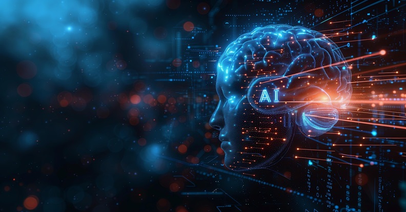 Digitális, fénylő agyat ábrázoló mesterségesintelligencia illusztráció profilnézetben.