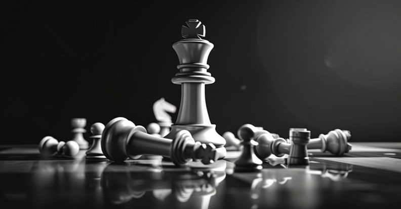 Fekete-fehér sakktáblán álló király körül eldőlt figurákkal.