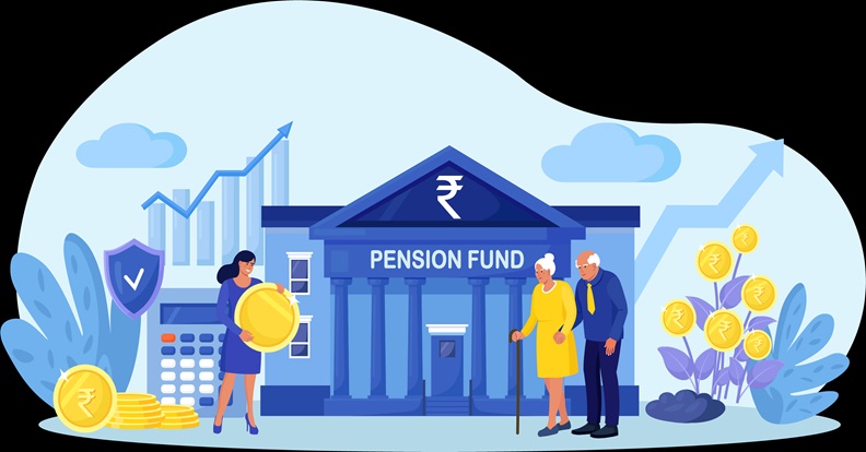 Nyugdíjalapot ábrázoló illusztráció érmekkel, grafikonokkal és időseket támogató jelenettel.