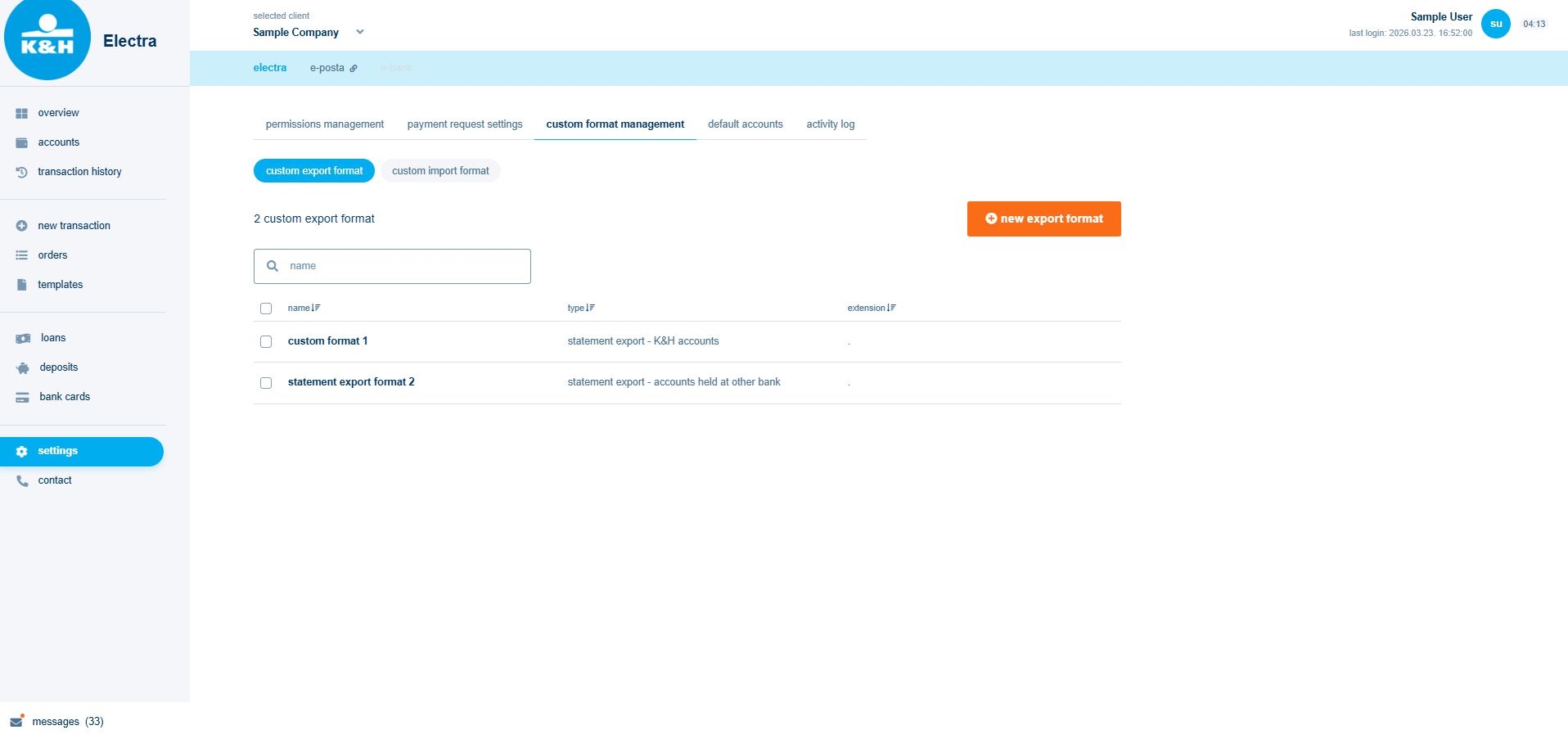 K&H web Electra custom format management settings
