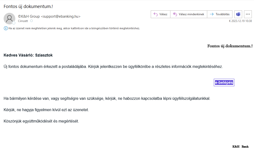 K&H Bank nevében küldött csaló üzenet