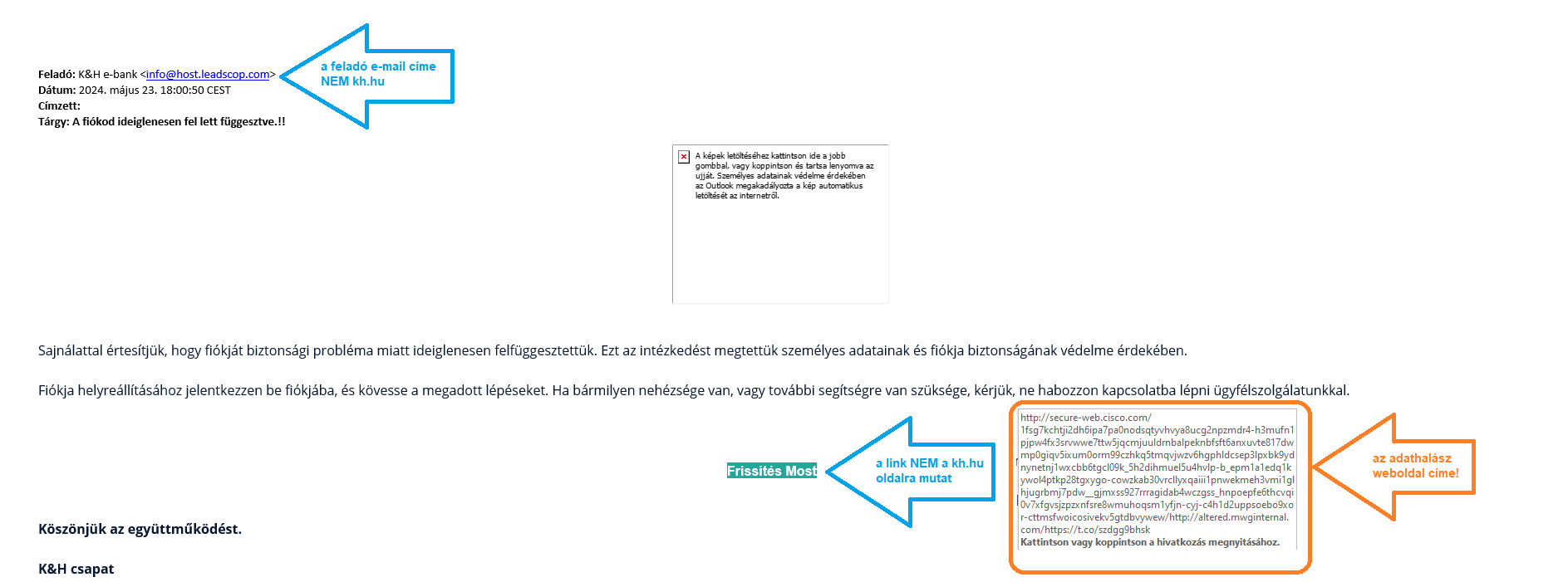 K&H Bank nevében küldött adathalász üzenet